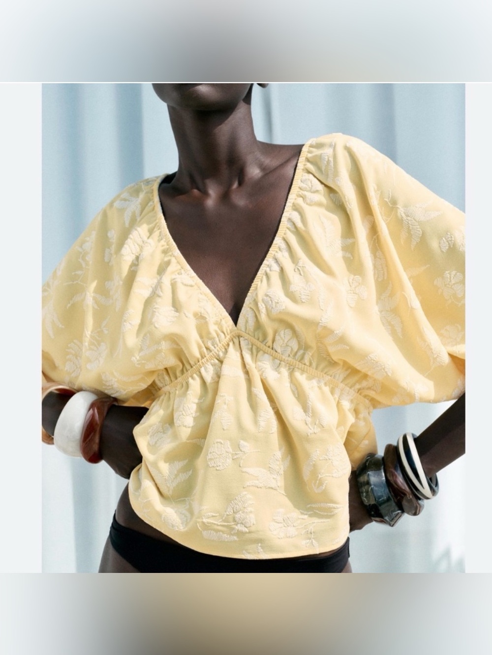 Zara Pale Yellow V-Neck Puff Sleeve Blouse